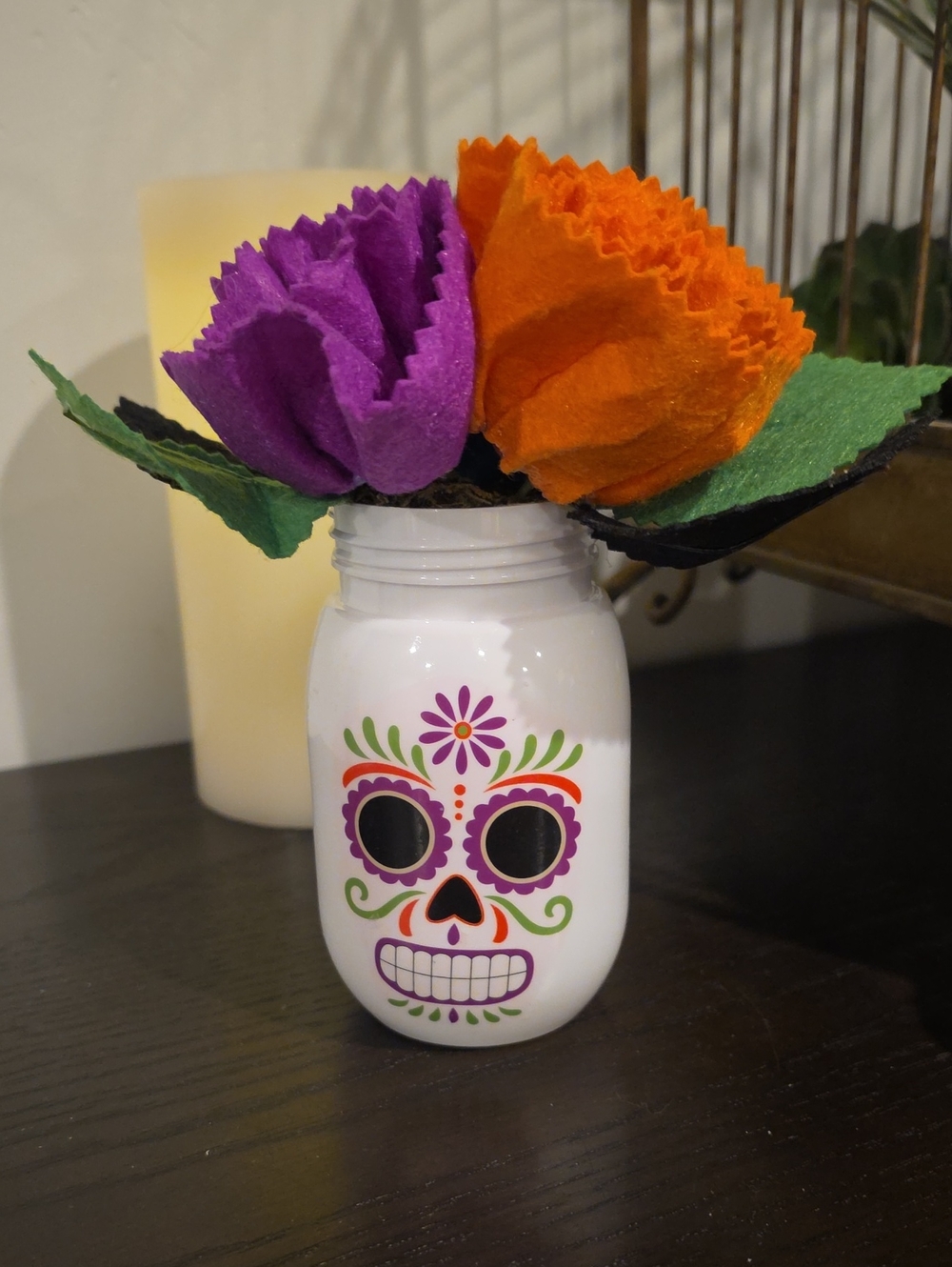 Day of the Dead Sugar Skull Mason Jar Vase with Felt Flowers